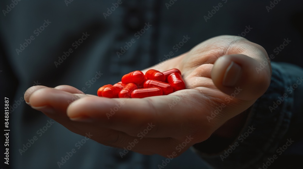 In the palm of a hand lies a collection of red capsules, symbolizing choice, medicine, and the mystery of what could be. In the palm of a hand lies a collection of red capsules, symbolizing choice, medicine, and the mystery of what could be.