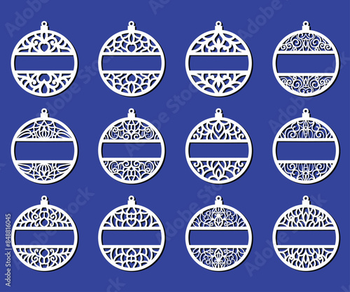Big set of Christmas decorations - balls with a Santa Claus, deer, snowflake, candle, angel, snowman, gift, sock, Christmas tree, house. Template for laser cut. New Year theme. Vector illustration.