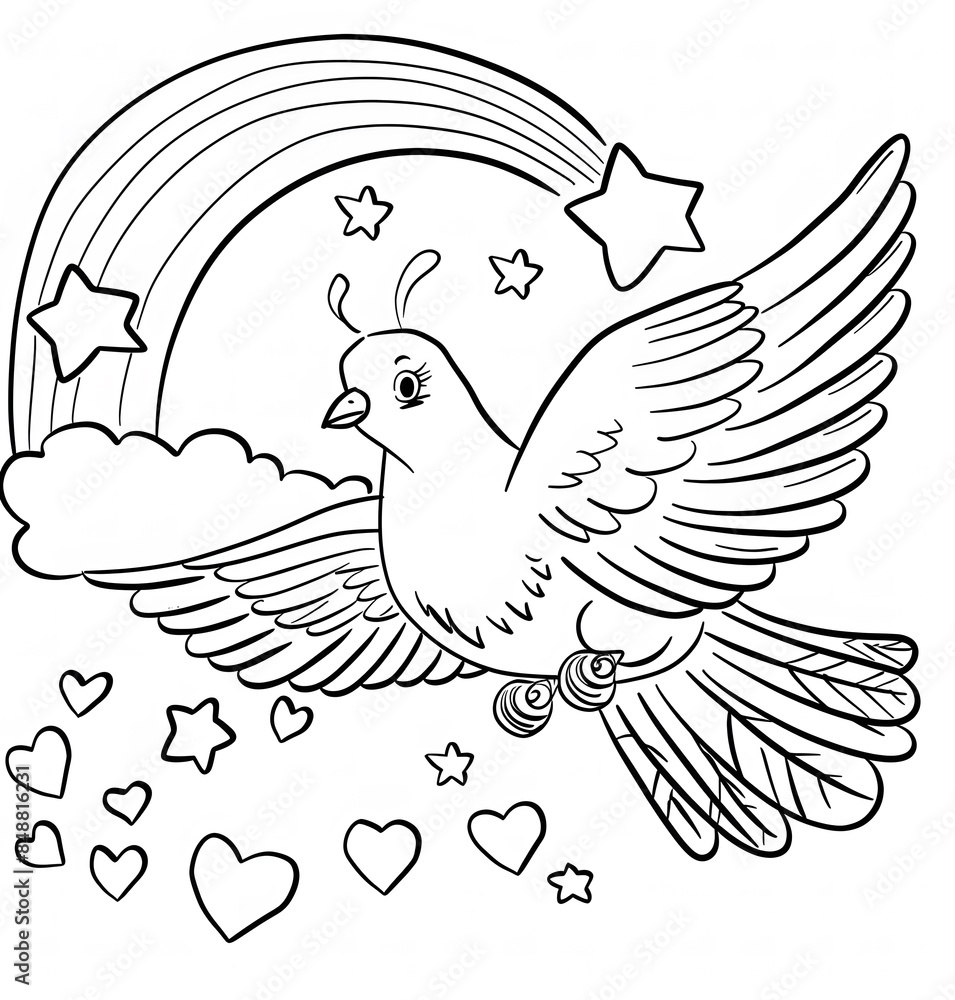 cute dove flying over the rainbow with hearts and stars coloring page ...