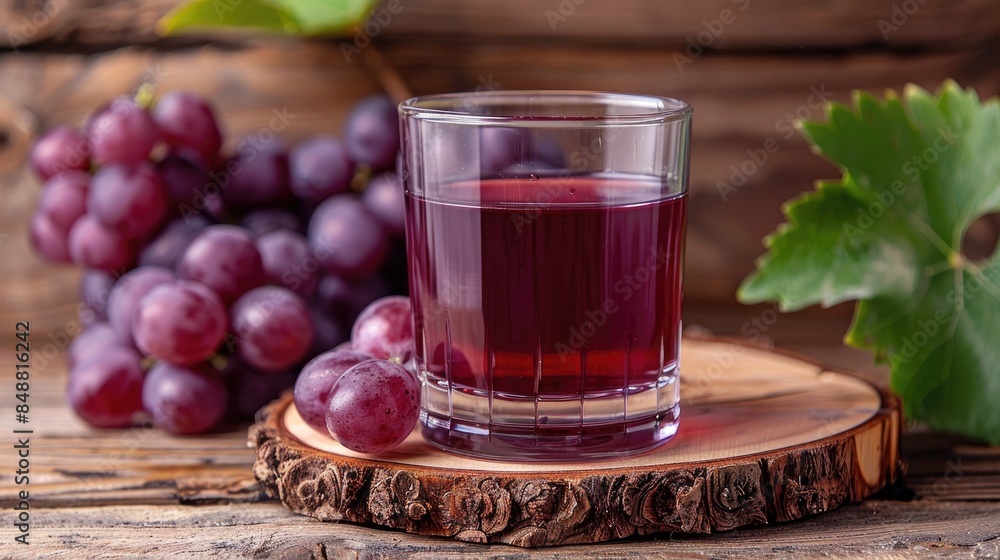 Glass of grape juice placed on a wooden surface Glass of grape juice placed on a wooden surface