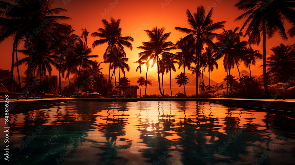 sunset at a tropical beach with water and palm, generative AI sunset at a tropical beach with water and palm, generative AI