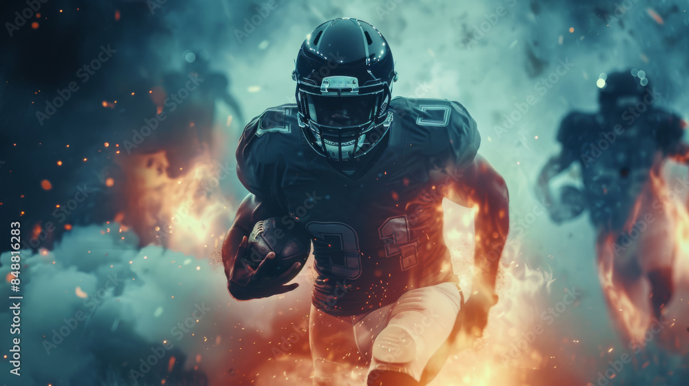 A dynamic American football player charges forward with the ball against a fiery, explosive backdrop, displaying dynamic action and intense energy. A dynamic American football player charges forward with the ball against a fiery, explosive backdrop, displaying dynamic action and intense energy.