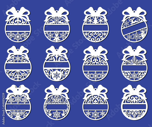 Big set of Christmas decorations - balls with a Santa Claus, deer, snowflake, candle, angel, snowman, gift, sock, Christmas tree, house. Template for laser cut. New Year theme. Vector illustration.