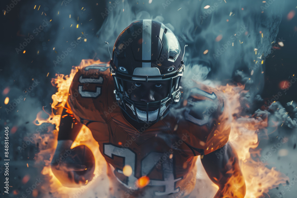 An American football player rushes forward with the ball against the backdrop of explosive flames. American football player on fire. Dynamics. An American football player rushes forward with the ball against the backdrop of explosive flames. American football player on fire. Dynamics.