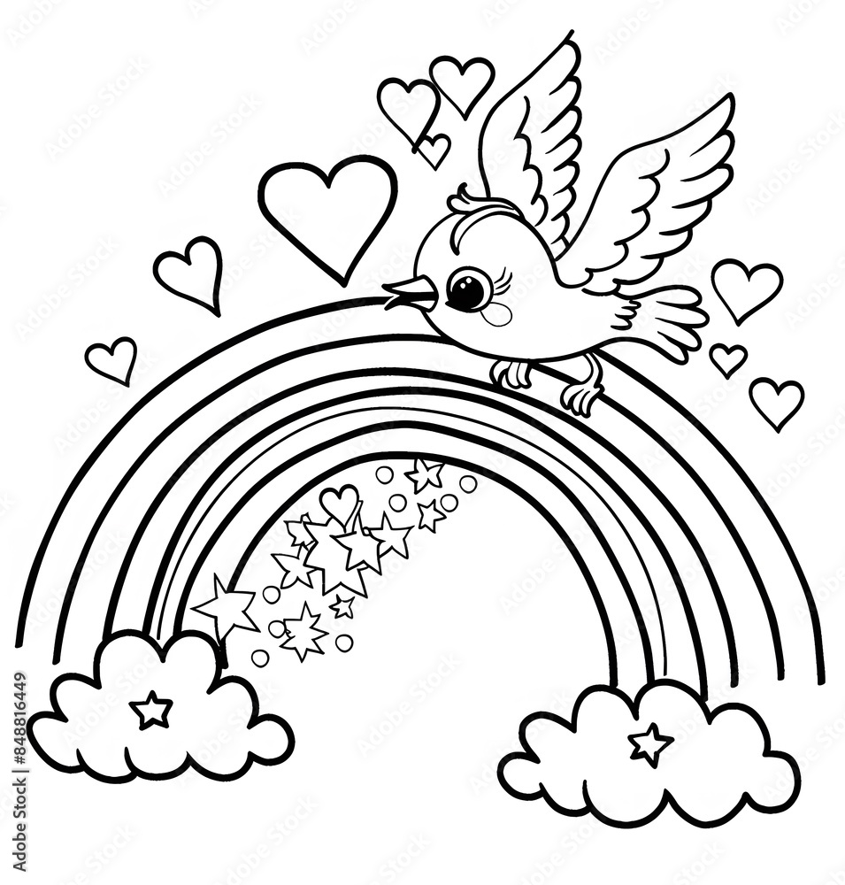 cute dove flying over the rainbow with hearts and stars coloring page ...