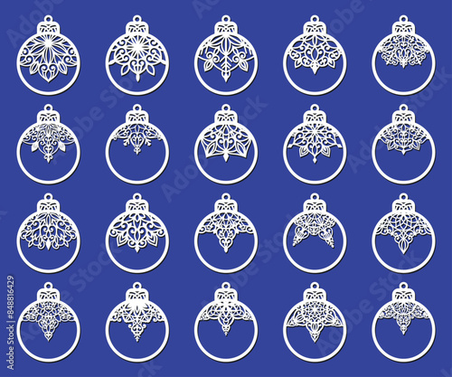 Set of laser cut Christmas balls with snowflake cutout of paper Sample Template for Christmas card, invitation for Christmas party For laser or plotter cutting printing serigraphy	