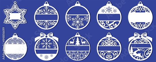 Big set of Christmas decorations - balls with a Santa Claus, deer, snowflake, candle, angel, snowman, gift, sock, Christmas tree, house. Template for laser cut. New Year theme. Vector illustration. photo