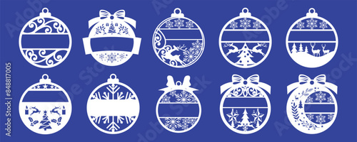 Big set of Christmas decorations - balls with a Santa Claus, deer, snowflake, candle, angel, snowman, gift, sock, Christmas tree, house. Template for laser cut. New Year theme. Vector illustration.