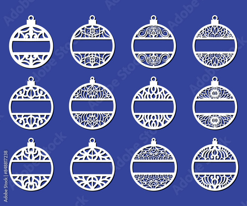 Big set of Christmas decorations - balls with a Santa Claus, deer, snowflake, candle, angel, snowman, gift, sock, Christmas tree, house. Template for laser cut. New Year theme. Vector illustration.