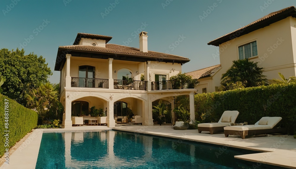 Fototapeta premium Luxury house with swimming pool at night Luxury house with swimming pool at night Interior Inviting Retreat a contemporary residence luxury villa with a large swimming pool