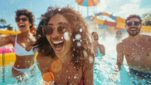 Fototapeta Naklejka Na Ścianę i Meble -  A joyful day at the water park is spent by friends, splashing and sliding under the sunny sky, brimming with laughter and fun, creating unforgettable memories together