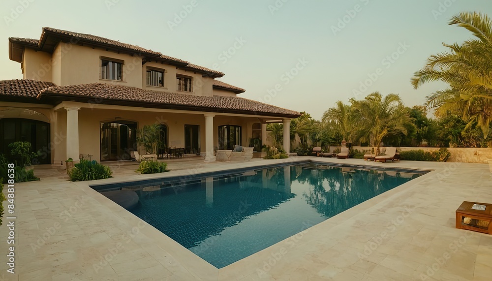 Fototapeta premium Luxury house with swimming pool at night Luxury house with swimming pool at night Interior Inviting Retreat a contemporary residence luxury villa with a large swimming pool