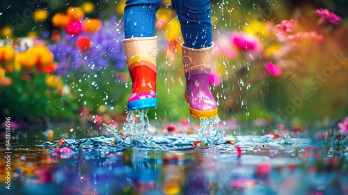 background with splashes,Child in Colorful Rain Boots Splashes in a Puddle, Colorful Spring Flowers in Background