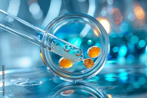 Еру test tube baby embryo in a petri dish with scientific equipment in the background