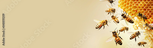 Numerous bees are buzzing around a honeycomb, moving swiftly in the air