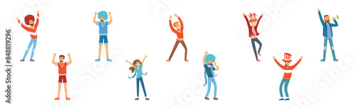 Sport Fan Man and Woman Character with Trumpet and Raised Hands Vector Set