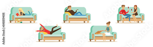 People Resting and Relax on Sofa at Cozy Home Atmosphere Vector Set