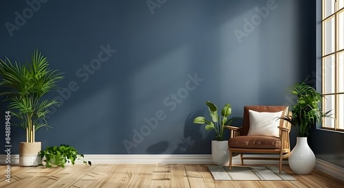 Fototapeta Naklejka Na Ścianę i Meble -  Dark blue wall in modern interior with wooden floor, armchair and potted plants