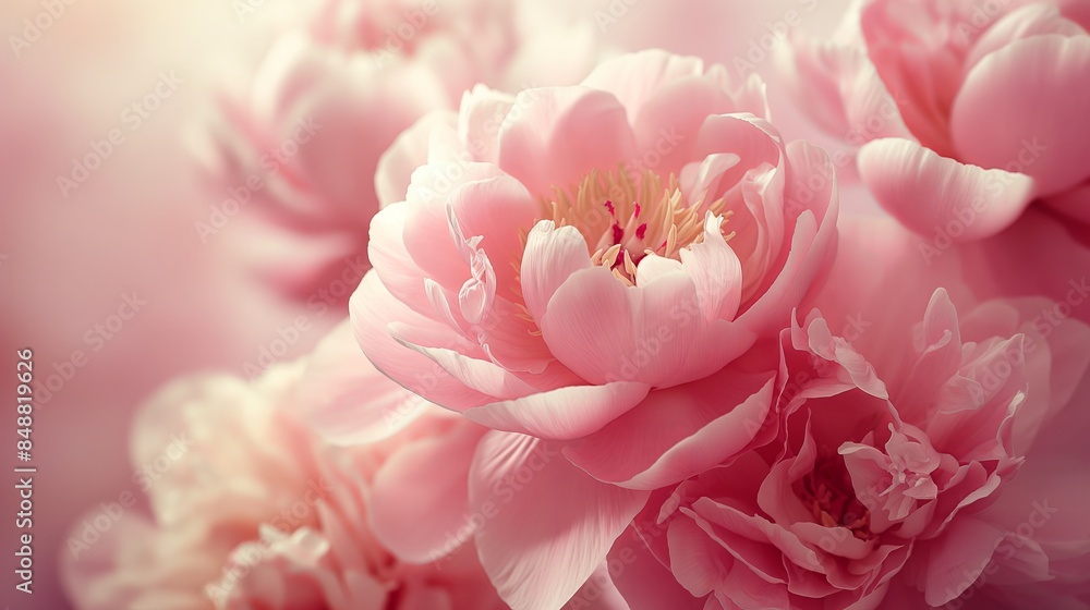 A mesmerizing cluster of pink peonies in full bloom reveals their delicate petals and soft hues, epitomizing the essence of natural beauty.