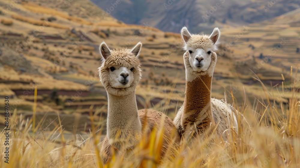 Two alpacas in the grain, Dwie alpaki w zbożu, alpaki Two alpacas in the grain, Dwie alpaki w zbożu, alpaki