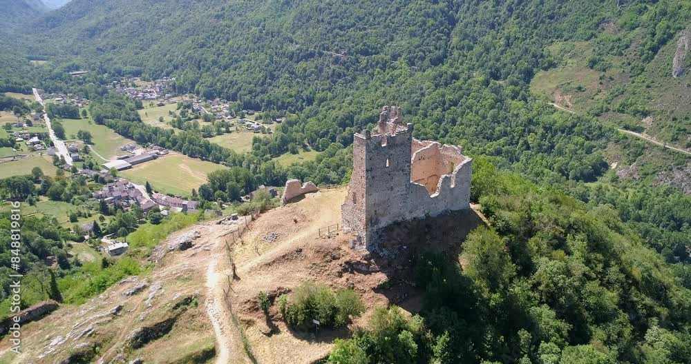 Flying over the old ruins of the castle Miglos in the French Pyrenees mountains. Flying over the old ruins of the castle Miglos in the French Pyrenees mountains.