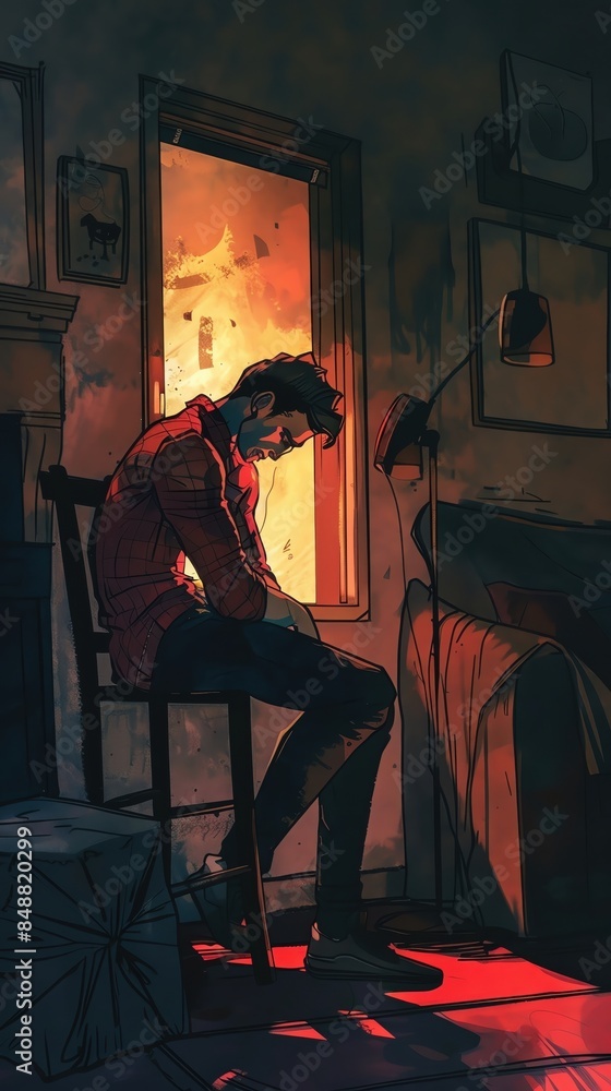 Fototapeta premium Man sitting on chair in dark room, illuminated by fiery light from window, creating a dramatic, reflective mood.