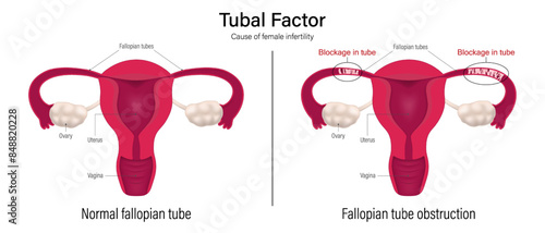 Female infertility vector. Comparison of normal fallopian tube and fallopian tube obstruction. Tubal factor. Block fallopian tube. Female reproductive system. 
