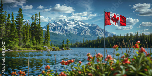 the flag of Canada on the background of mountains, Canada Day