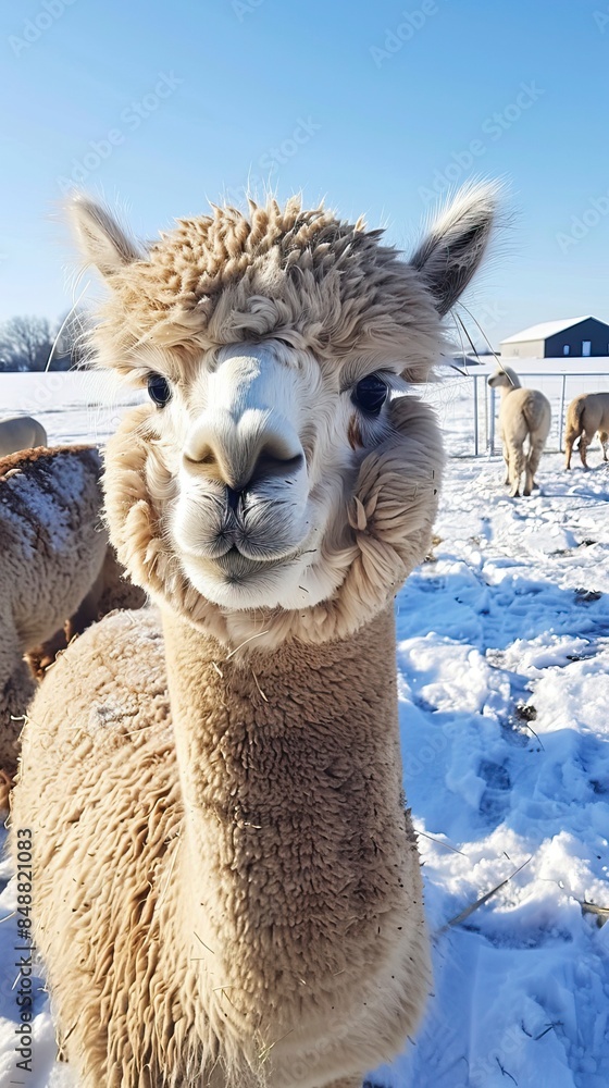 Obraz premium Winter fun with alpacas on the farm, Zabawa zimą z alpakami na farmie, alpaki