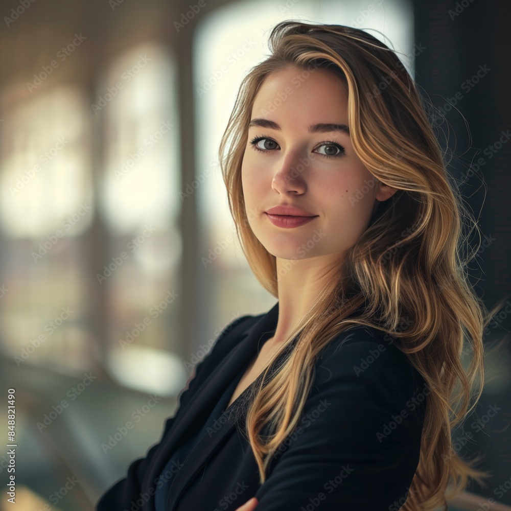 Fototapeta premium portrait of young happy self confident caucasian business woman looks in camera