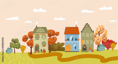 Autumn European village, cityscape vector illustration. Skyline with residential area, house construction, red autumn trees, fields, European cityscape panorama background. Vector cozy illustration.