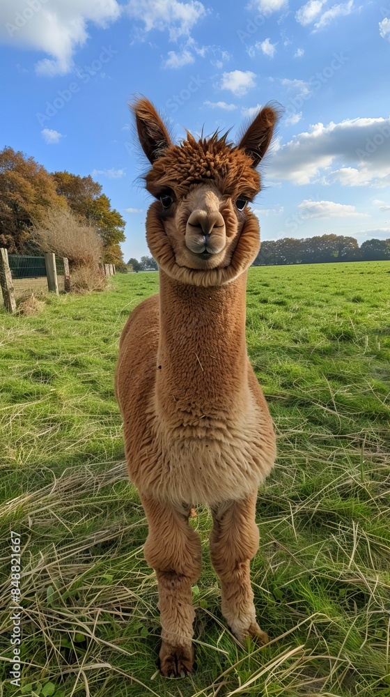 Obraz premium young brown alpaca on green grass, młoda brązowa alpaka na zielnoej trawie, alpaki