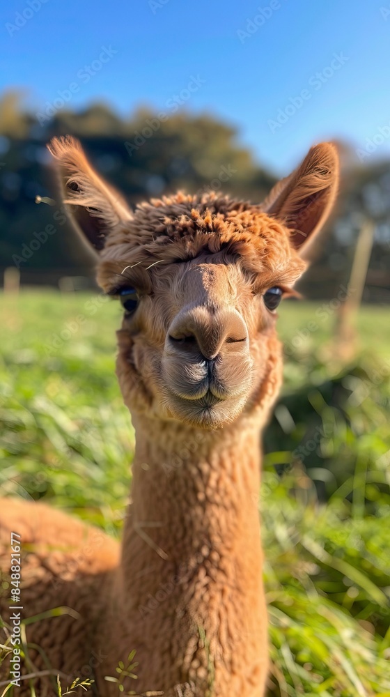 Obraz premium young brown alpaca on green grass, młoda brązowa alpaka na zielnoej trawie, alpaki