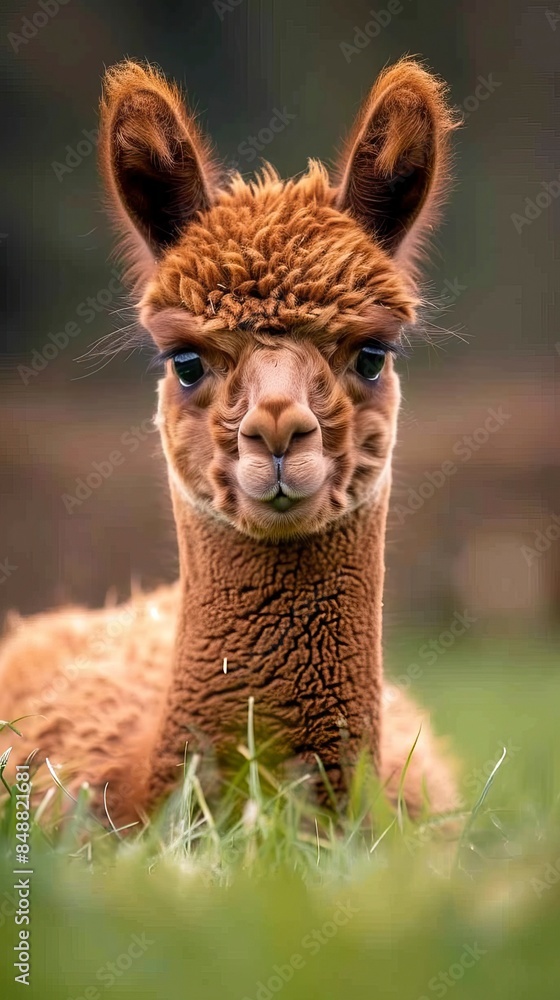 Obraz premium young brown alpaca on green grass, młoda brązowa alpaka na zielnoej trawie, alpaki