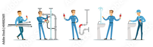 Man Plumber Character in Uniform Repair Heating Pipe Vector Set