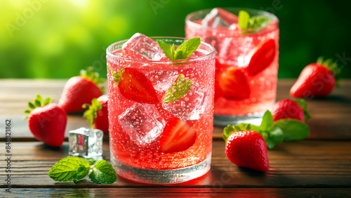 fresh strawberry lemonade with ice and mint in glasses on a wooden table