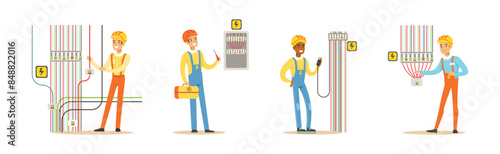 Man Electrician In Uniform and Hard Hat Working with Electric Cables and Wires Vector Set