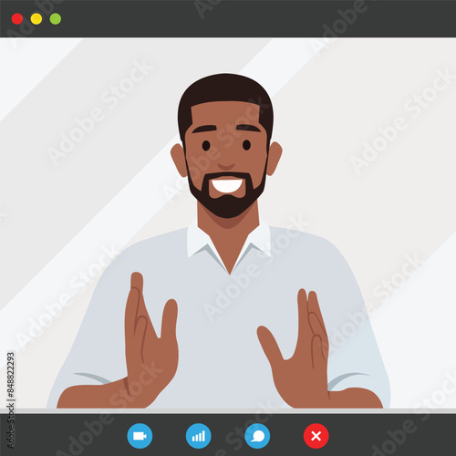 Confident businessman is sitting at table with laptop and looking at camera recording. Flat vector illustration isolated on white background