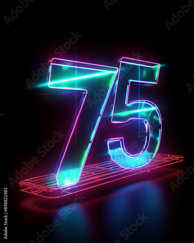 Neon lights forming number 75 glowing brightly against a dark background, futuristic design, vibrant colors, and modern aesthetic.
