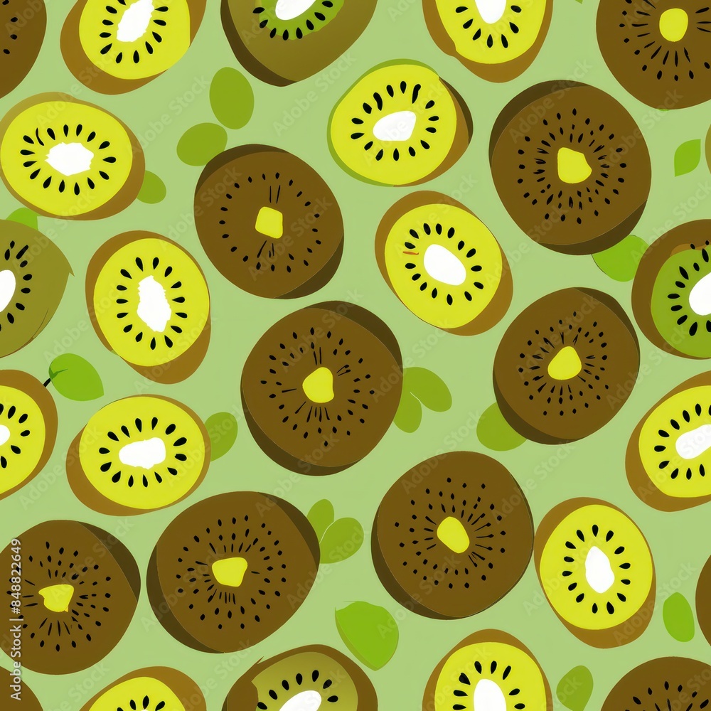 Fototapeta premium Seamless pattern of flat design kiwis with cross-sections, Generative AI