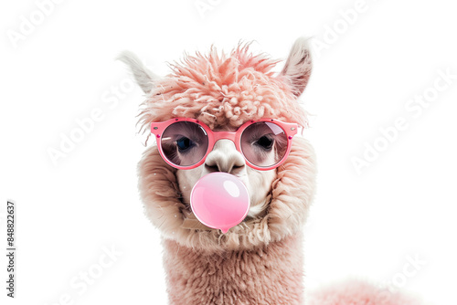 portrait of funny Pink alpaca wearing cool sunglass  blowing bubble gum, on w...