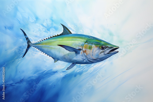Vibrant watercolor painting of a tuna fish swimming in the ocean, showcasing vivid colors and dynamic aquatic movement. Perfect for oceanic art lovers.