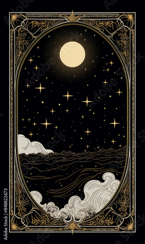 a black background with white ink print, featuring an intricate tarot card design with the fruits and sun and clouds in bold lines