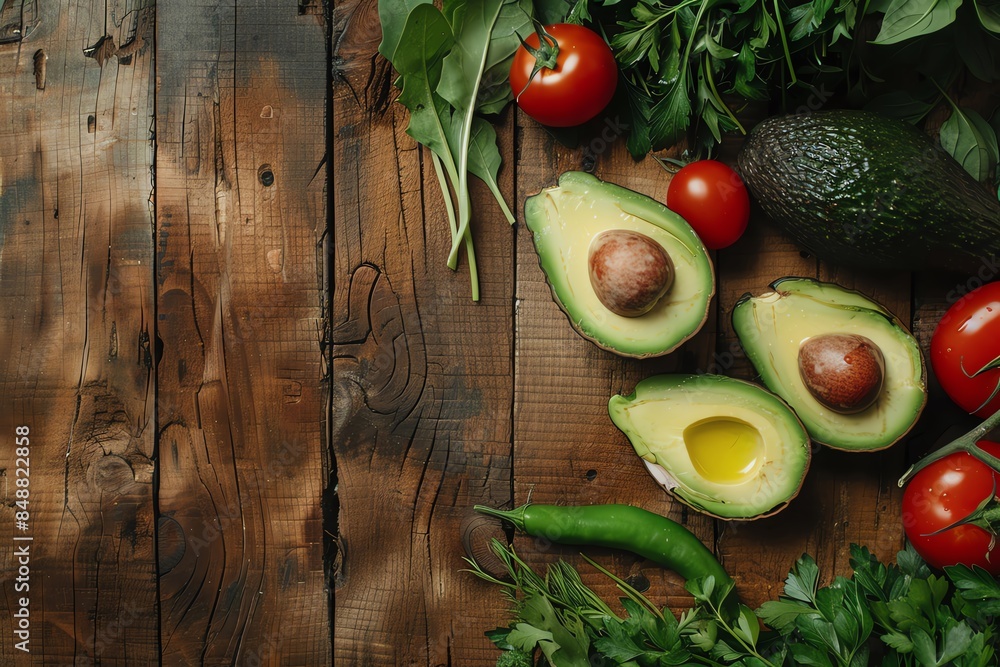 The photo shows a variety of vegetables and fruits on a wooden table. There are two halves of an avocado, cherry tomatoes, spinach, parsley, and a green chili pepper. The photo shows a variety of vegetables and fruits on a wooden table. There are two halves of an avocado, cherry tomatoes, spinach, parsley, and a green chili pepper.
