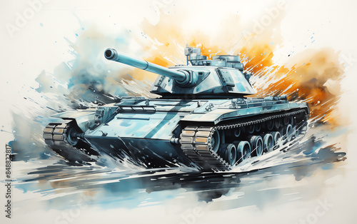 Watercolor painting of a military tank in action, showcasing artistic depiction of war machinery with vibrant colors and dynamic brush strokes.