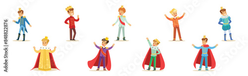 Little Boy In Prince Costume with Golden Crown Vector Set