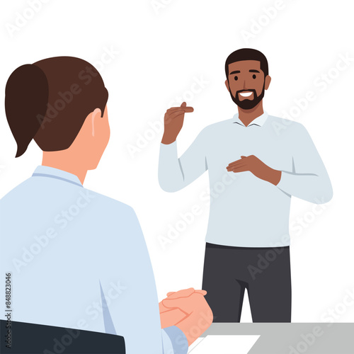 Businessman making a presentation at office. Business executive delivering a presentation to his colleagues during meeting. Flat vector illustration isolated on white background
