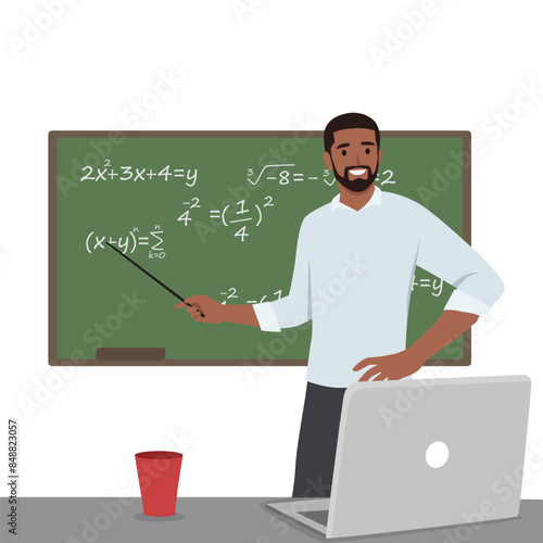 Young high school teacher teach math online through laptop in classroom. Flat vector illustration isolated on white background