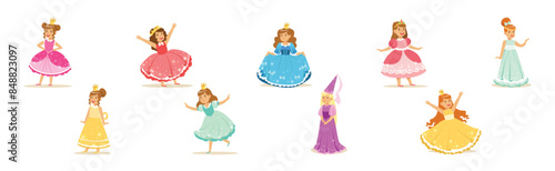 Cute Girl Princess Character in Pretty Dress with Golden Crown on Head Vector Set