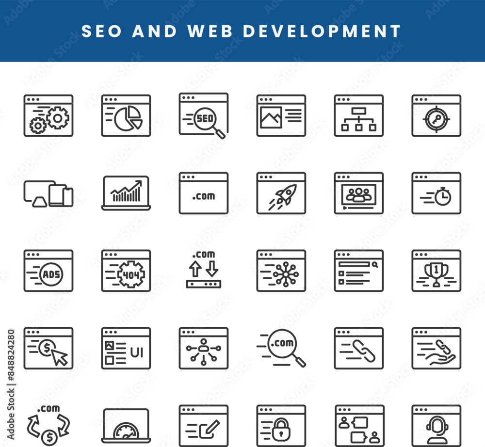 SEO and web development icon set in outline style SEO and web development icon set in outline style